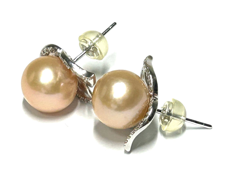 Gorgeous 9.5 - 10mm Peach Pink Edison Round Cultured Pearl Stud Earrings