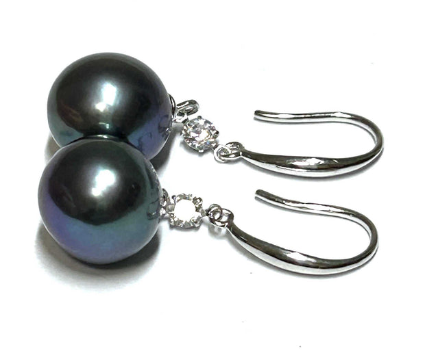 Charming 10.5-11mm Edison Peacock Black Blue Round Pearl Earrings