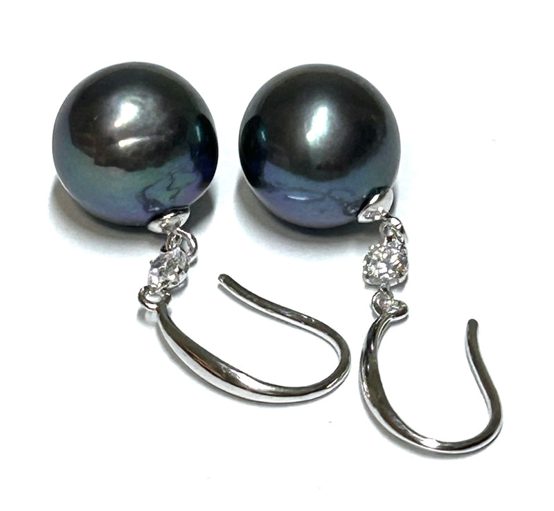 Charming 10.5-11mm Edison Peacock Black Blue Round Pearl Earrings