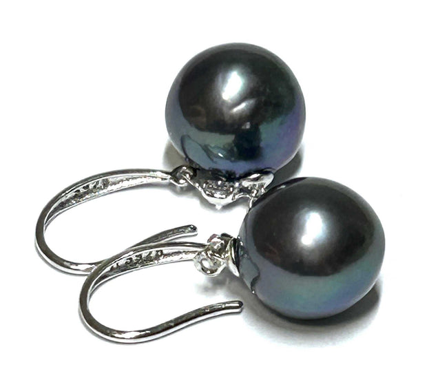 Charming 10.5-11mm Edison Peacock Black Blue Round Pearl Earrings