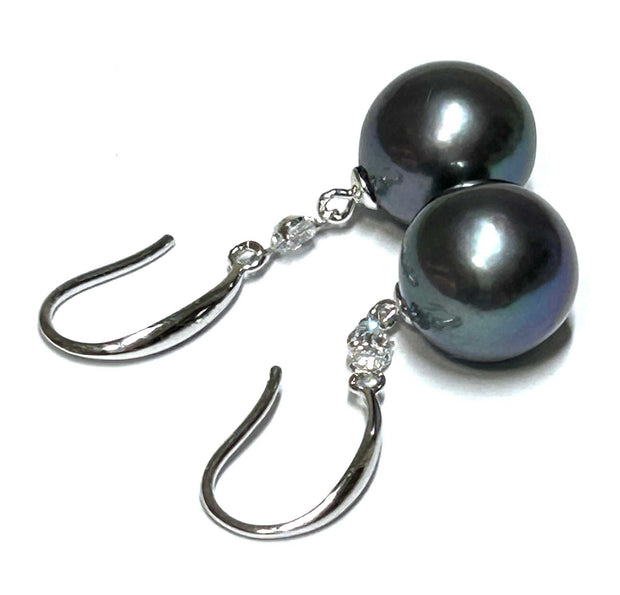 Charming 10.5-11mm Edison Peacock Black Blue Round Pearl Earrings