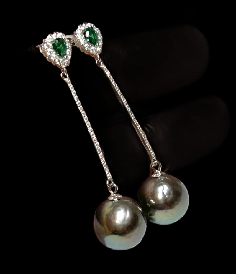 10.5 - 11mm Peacock Black Green Round Edison Pearl Dangle Earrings