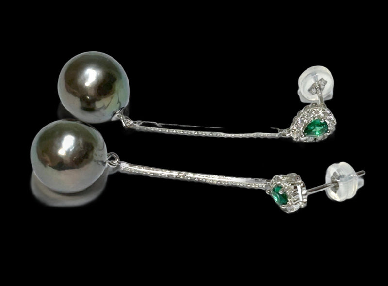 10.5 - 11mm Peacock Black Green Round Edison Pearl Dangle Earrings