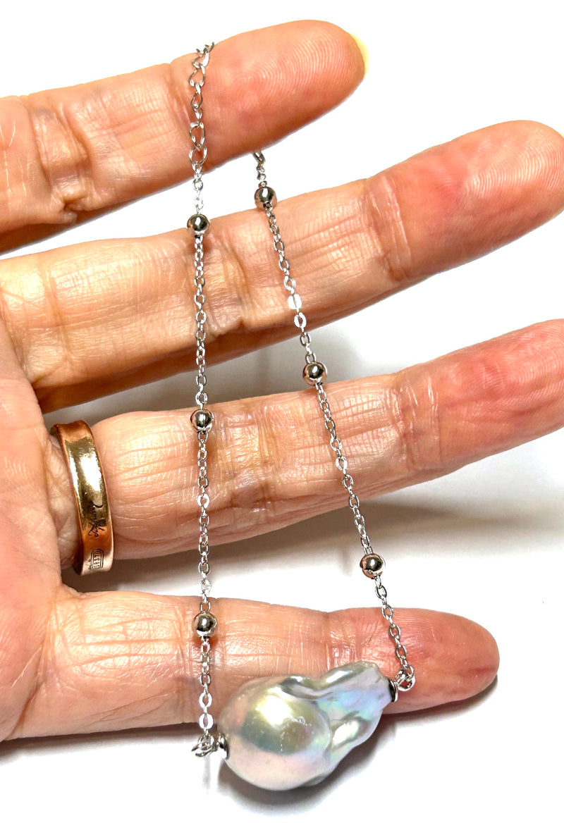 Stunning 16 x 21mm Silver Gray Blue Baroque Pearl 7 -8" Silver Bracelet