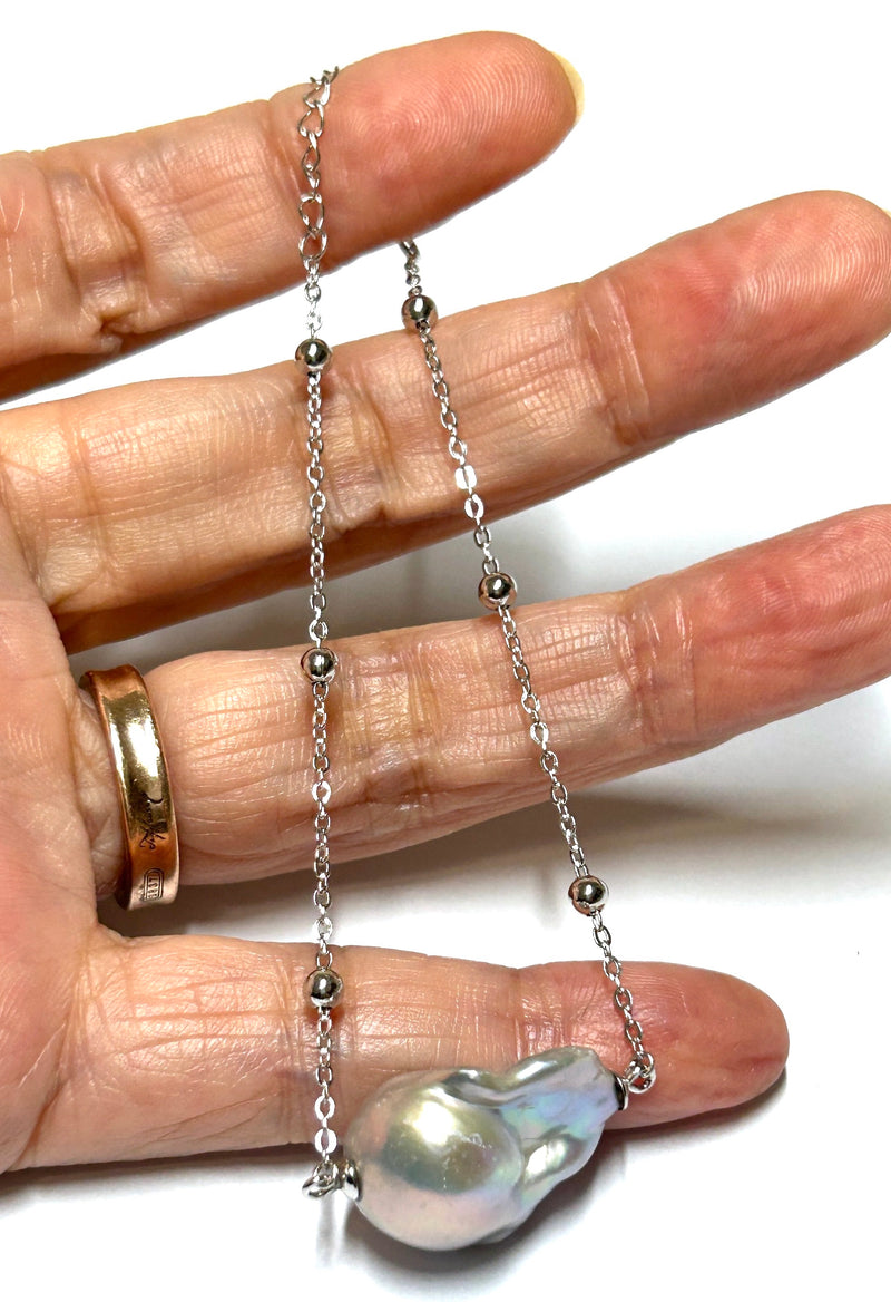 Stunning 16 x 21mm Silver Gray Blue Baroque Pearl 7 -8" Silver Bracelet