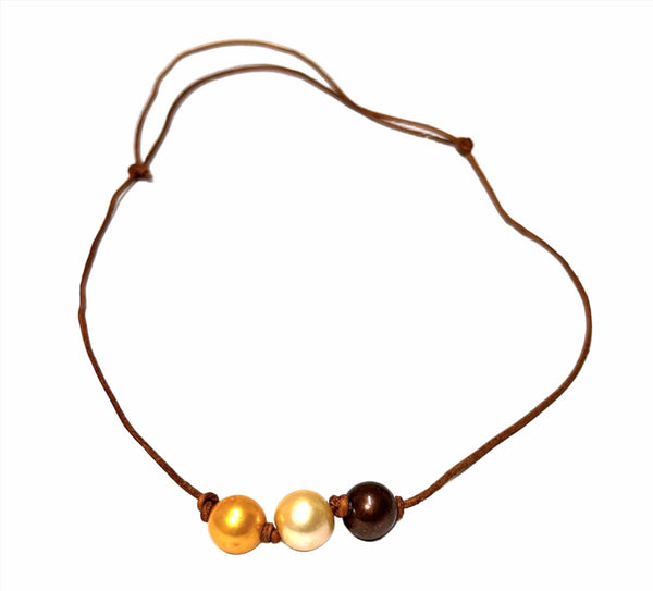 Brown Leather 11.5 - 12mm Multicolor Round Pearl 23 - 26" Necklace