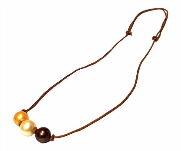 Brown Leather 11.5 - 12mm Multicolor Round Pearl 23 - 26" Necklace