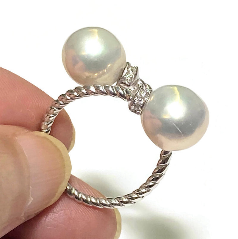 Double Pearls Edison White Round 9 - 9.5mm Mirror Luster Ring Size 6 - 7