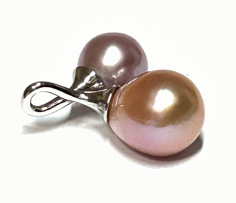 Oval Round 9 -11mm Keshi Purple Peach Pink Cultured 2 Pearl Pendant