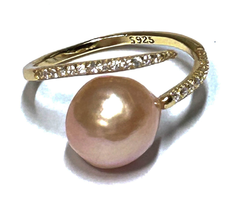 Solitaire 9 x 10mm Peach Pink Gold Oval Keshi Cultured Pearl Ring Size 6