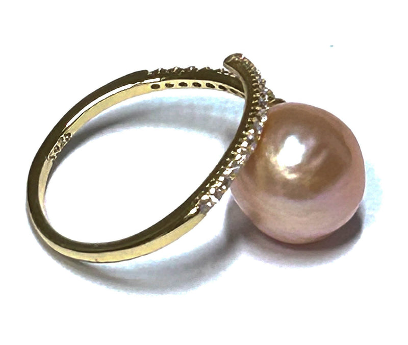 Solitaire 9 x 10mm Peach Pink Gold Oval Keshi Cultured Pearl Ring Size 6