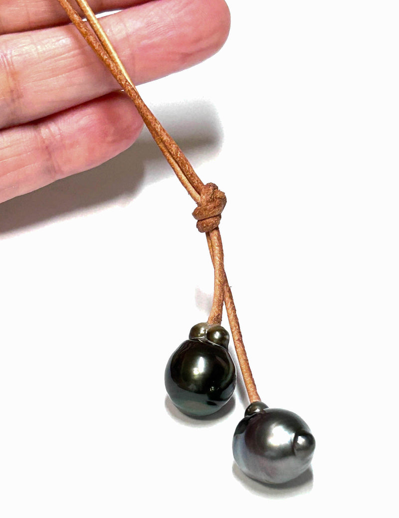 Leather 2 pcs. Tahitian Peacock Black Green Pearls 20 - 22" Necklace