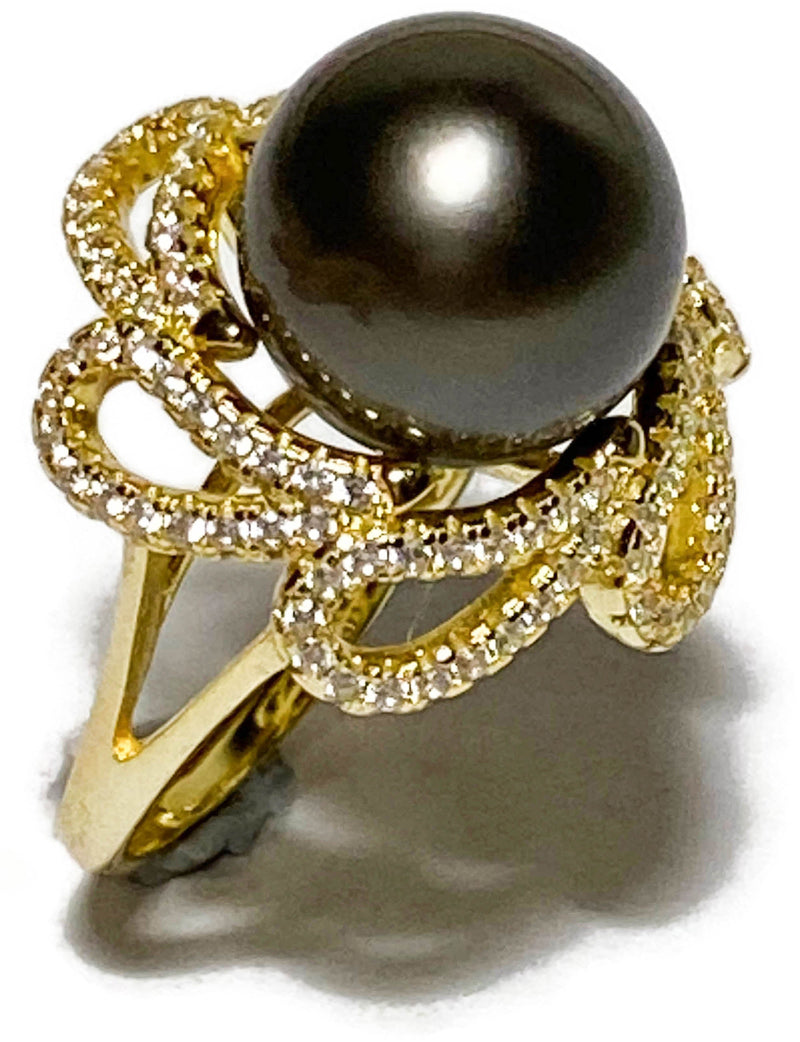 Cocktail Peacock Black Green 11.5mm Round Tahitian Pearl Ring Size 6-7
