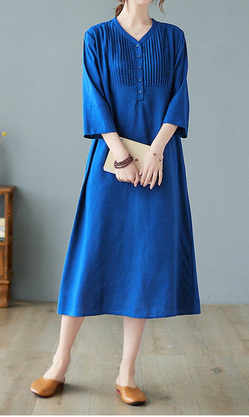 Fashionable 5 Colors 4 Over Sizes Women Linen Half Sleeves Dress