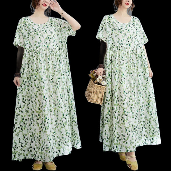 100% Linen Cotton Loose Fit Plus Size Green Printed Short Sleeves Long Dress