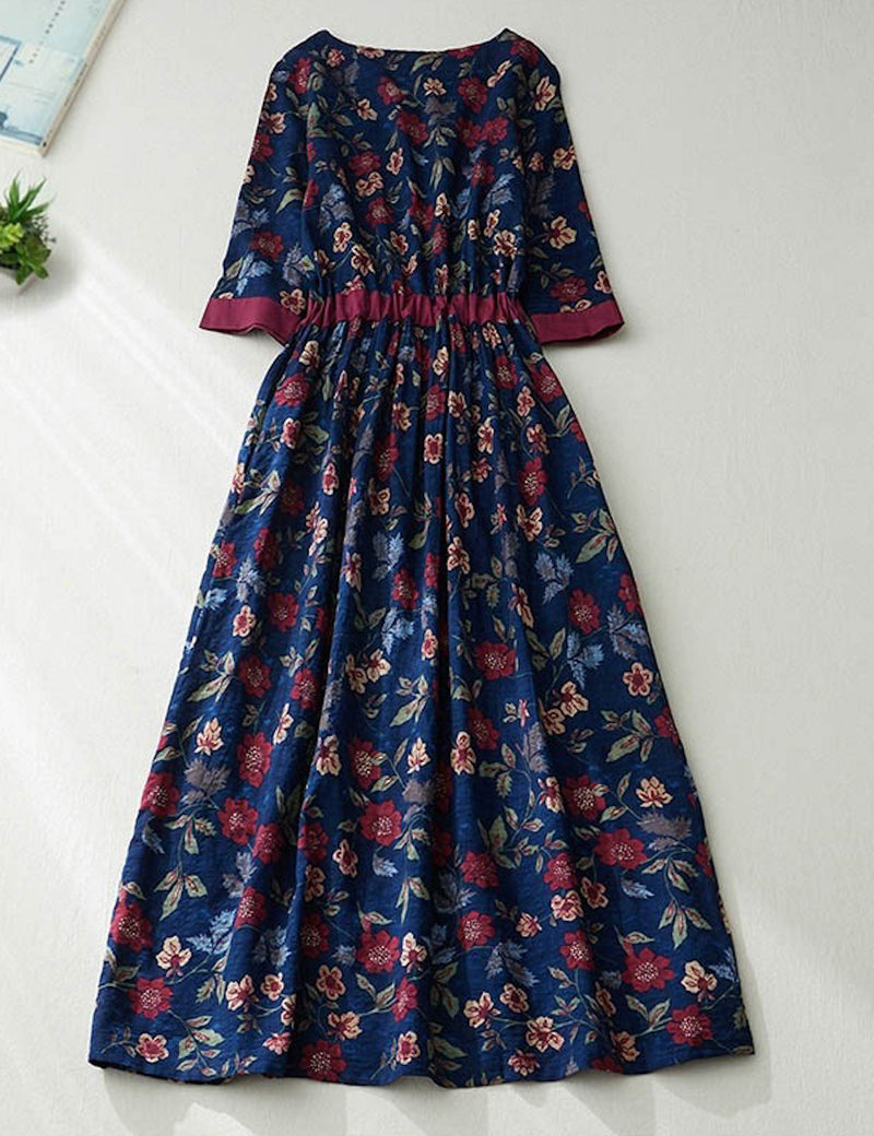 One Oversized Navy Printed Flora 100% Linen Cotton Long Dresses
