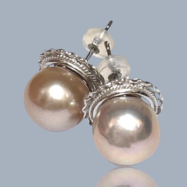 Handmade 10.5mm Purple Pink Edison Cultured Round Pearl Stud Earrings – Elegant and Unique Jewelry