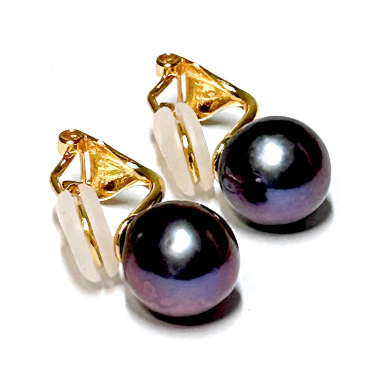 5A Round 10 - 10.5mm Purple Black Pinkish Edison Pearl Clip Earrings
