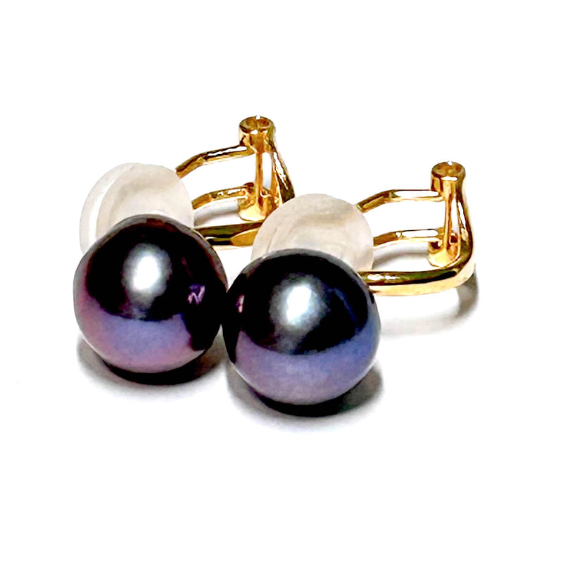 5A Round 10 - 10.5mm Purple Black Pinkish Edison Pearl Clip Earrings