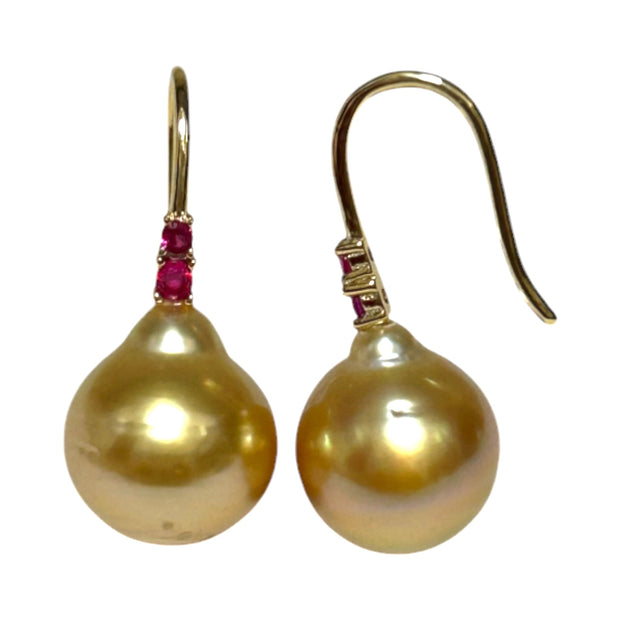 Oval 10.8 x 12.5mm Deep Gold Round Philippines Pearl Dangle Earrings