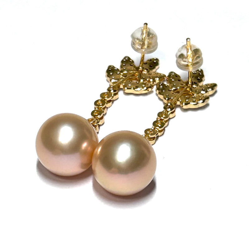 Huge 12.1mm Edison Natural Peach Gold Pink Round Pearl Dangle Earrings