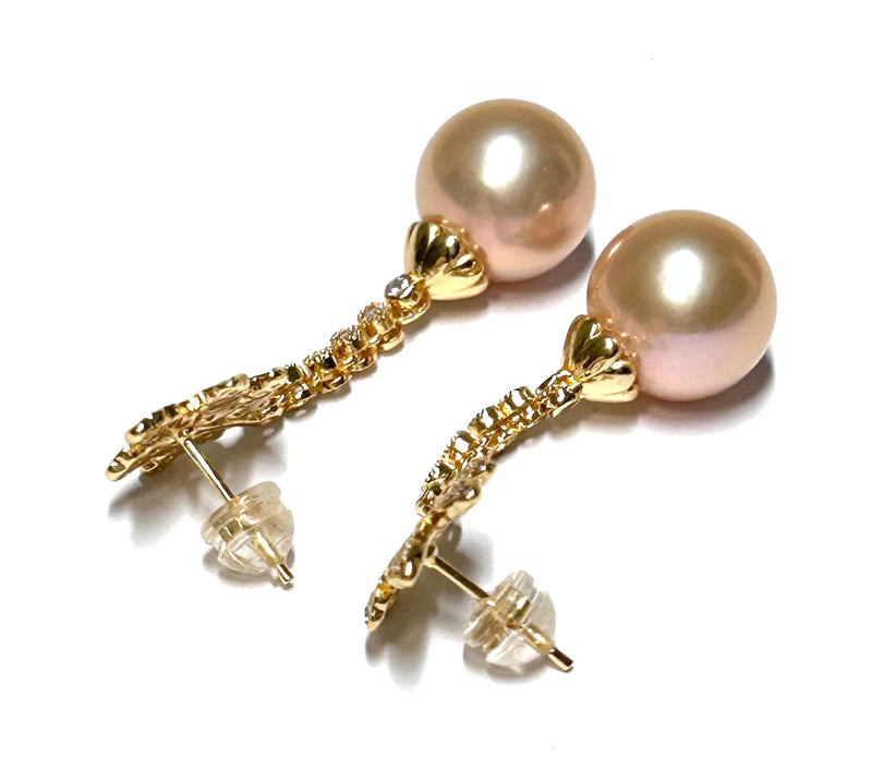 Huge 12.1mm Edison Natural Peach Gold Pink Round Pearl Dangle Earrings