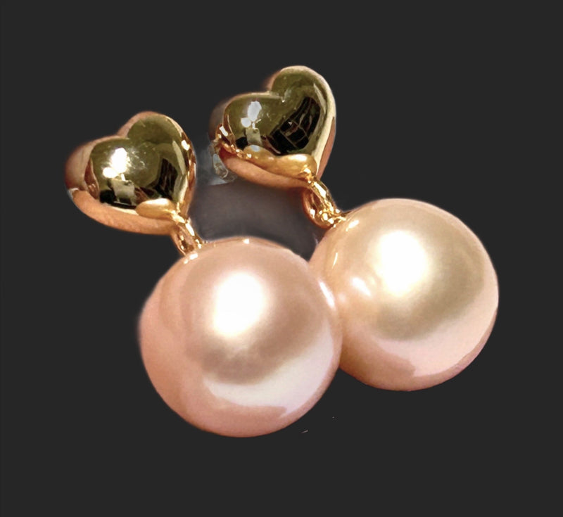 Stunning 10.5 - 11mm Peach Gold Round Edison Pearl Dangle Earrings