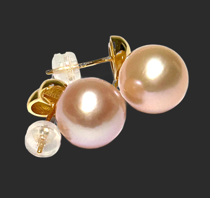 Stunning 10.5 - 11mm Peach Gold Round Edison Pearl Dangle Earrings
