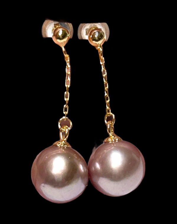 5A Luster 10.5mm Edison Purple Rose Pink Cultured Pearl Dangle Earrings