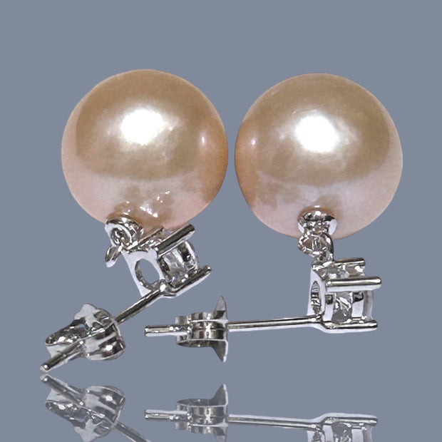 Stunning Huge 11.5mm Peach Gold Pink Edison Cultured Pearl Earrings