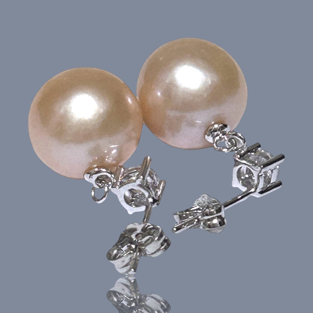 Stunning Huge 11.5mm Peach Gold Pink Edison Cultured Pearl Earrings