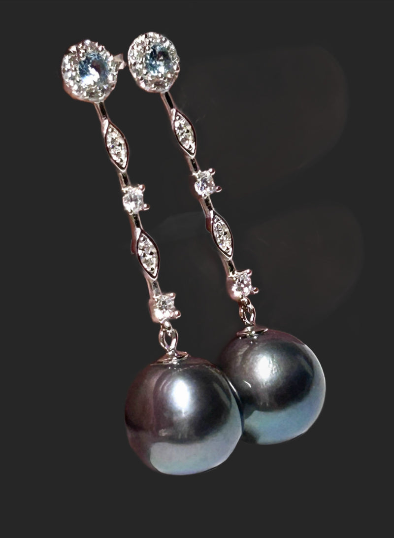 Gorgeous 11-11.5mm Edison Peacock Black Round Pearl Dangle Earrings