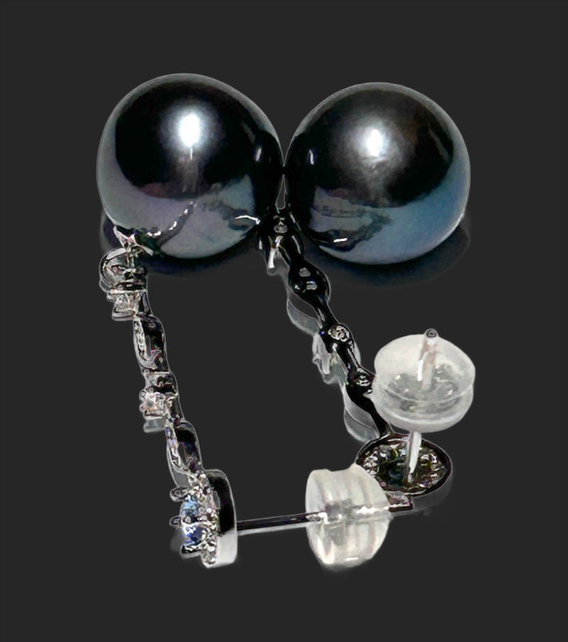 Gorgeous 11-11.5mm Edison Peacock Black Round Pearl Dangle Earrings