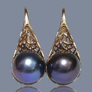 Superb 10mm Edison Purple Black Blue Cultured Pearl Dangle Earrings