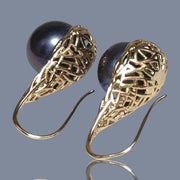 Superb 10mm Edison Purple Black Blue Cultured Pearl Dangle Earrings