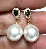 Round 10 - 10.5mm White Green Stone Edison Cultured Pearl Stud Earrings