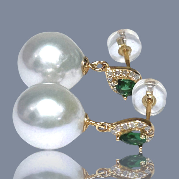 Round 10 - 10.5mm White Green Stone Edison Cultured Pearl Stud Earrings