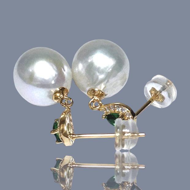 Round 10 - 10.5mm White Green Stone Edison Cultured Pearl Stud Earrings