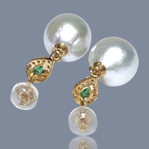 Round 10 - 10.5mm White Green Stone Edison Cultured Pearl Stud Earrings