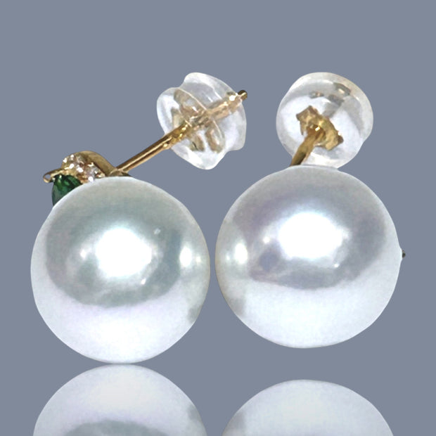 Round 10 - 10.5mm White Green Stone Edison Cultured Pearl Stud Earrings