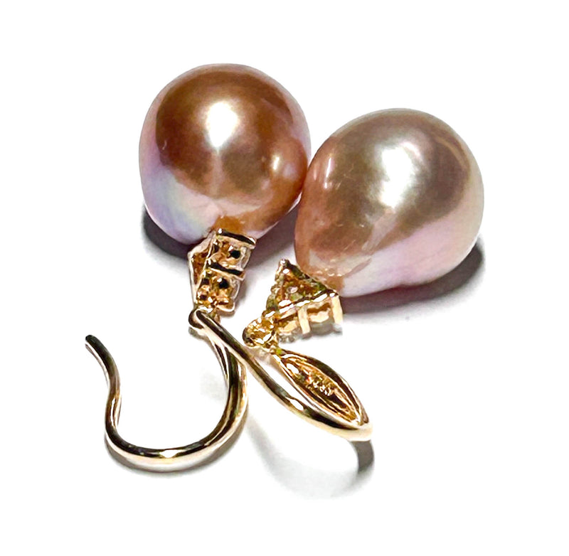 Purple Rose Pink Keshi Cultured 11 x 12mm Oval Pearl Dangle Earrings