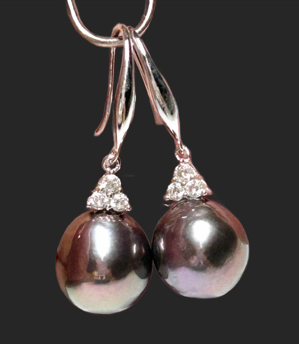 Superb 10.5 - 11mm Edison Peacock Black Pink Round Pearl Dangle Earrings