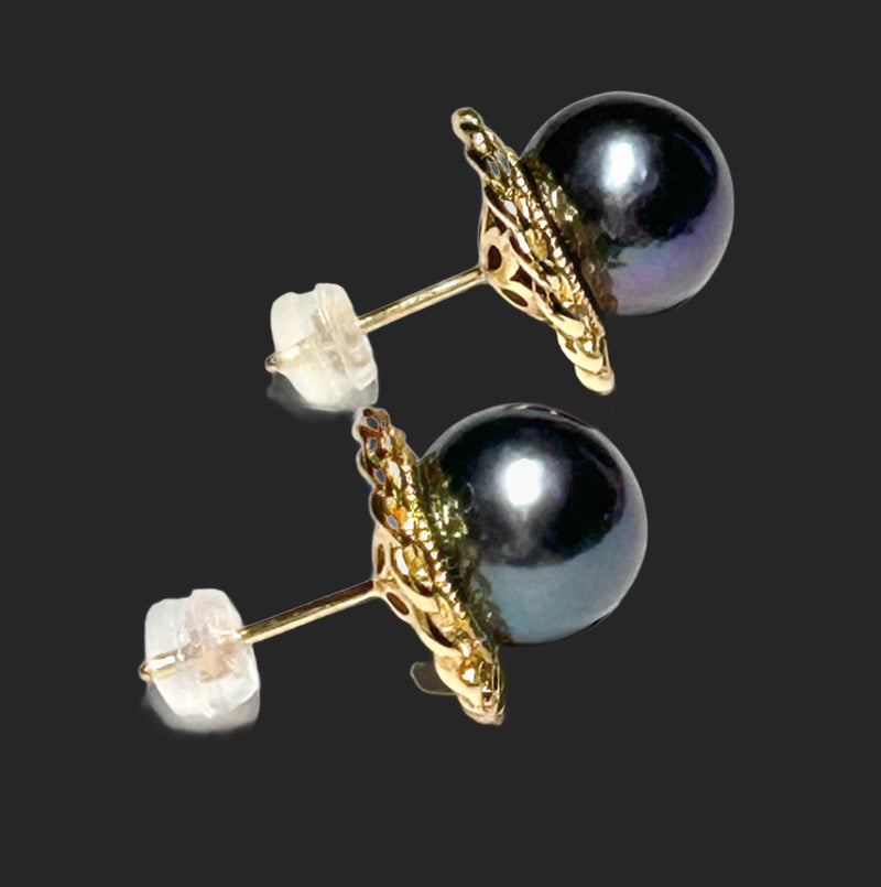 Classic 10 - 10.5mm Edison Purple Black Blue Round Pearl Stud Earrings