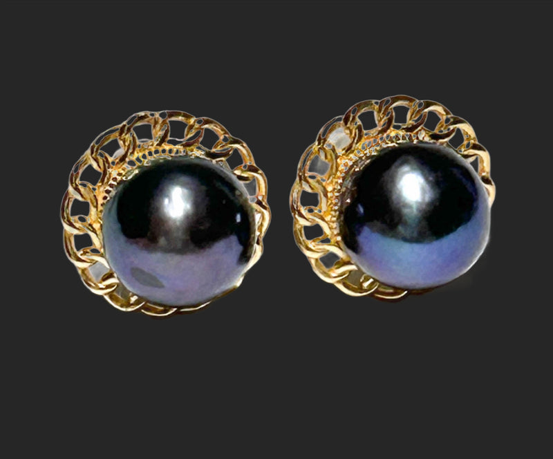 Classic 10 - 10.5mm Edison Purple Black Blue Round Pearl Stud Earrings