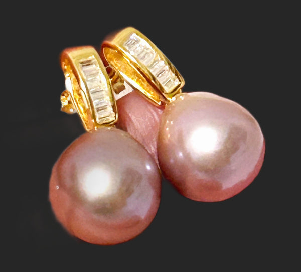 Classy 11mm Purple Rose Pink Round Edison Pearl Dangle Earrings