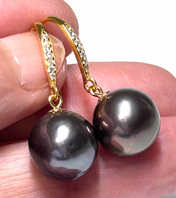 Handmade 10.5-11 mm Edison Purple Black Blue Round Pearl Dangle Earrings