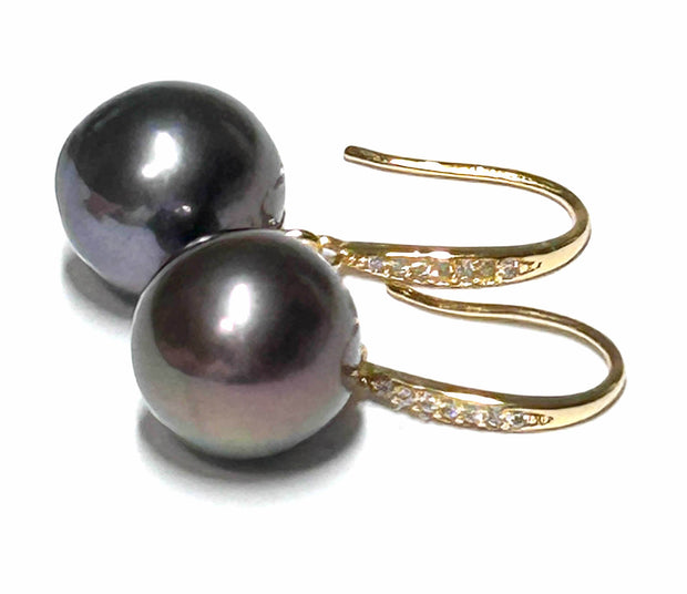 Handmade 10.5-11 mm Edison Purple Black Blue Round Pearl Dangle Earrings