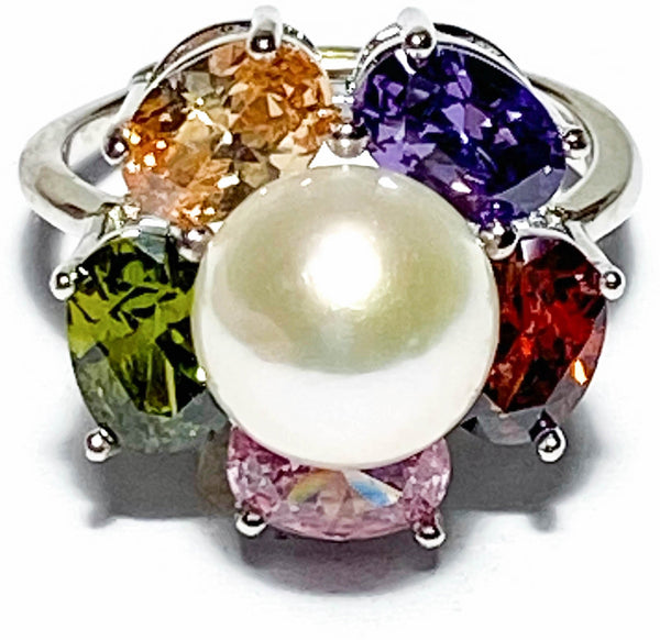 Charming Natural White 9 - 9.5mm Edison Round Pearl Ring Size 7 - 8