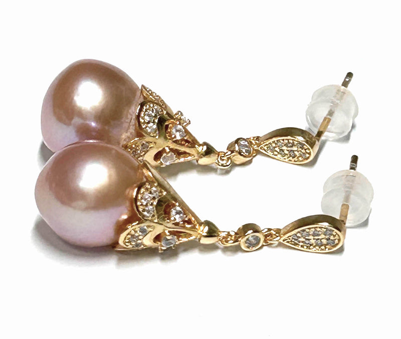 Handmade 11 x 12mm Edison Purple Rose Pink Oval Pearl Dangle Earrings