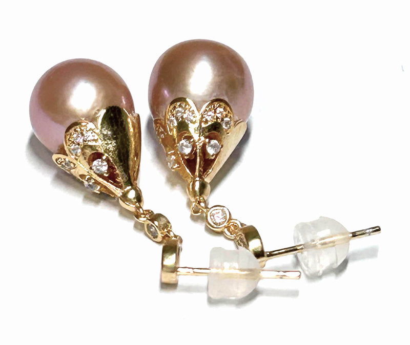 Handmade 11 x 12mm Edison Purple Rose Pink Oval Pearl Dangle Earrings
